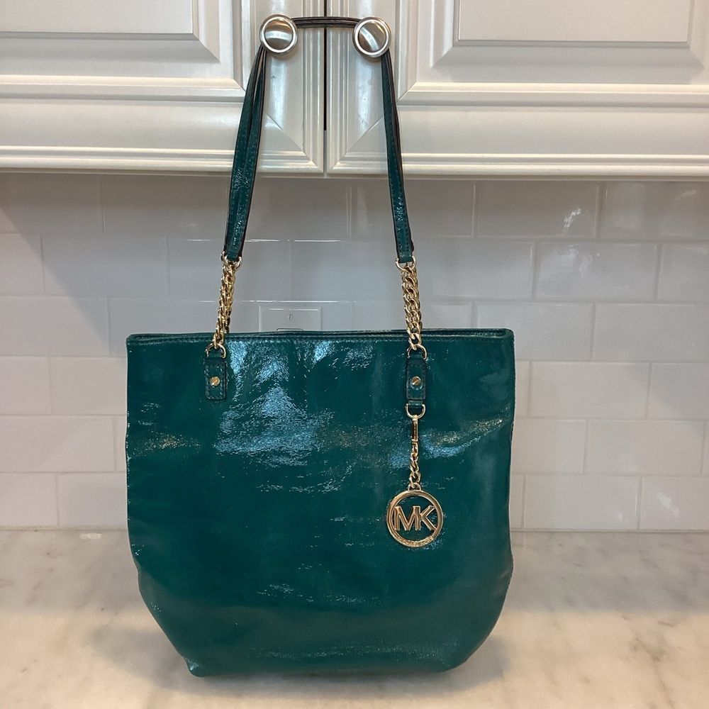 Michael Kors Bag Purse Handbag Leather Green Jet Set Patent Tote Bag pocketbook